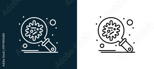 Two-color virus search outline icon pair in black and white, editable stroke vector illustration for web, mobile apps, UI design, branding, and print from Coronavirus