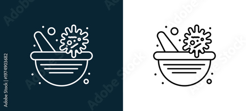 Two-color anti virus outline icon pair in black and white, editable stroke vector illustration for web, mobile apps, UI design, branding, and print from Coronavirus