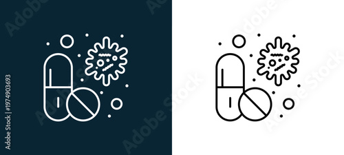 Two-color pills outline icon pair in black and white, editable stroke vector illustration for web, mobile apps, UI design, branding, and print from Coronavirus