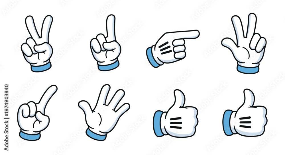 Fototapeta premium Collection of cartoon hands wearing white gloves, showing various gestures including peace sign, pointing, and thumbs up on an isolated white background.