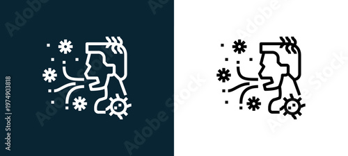 Two-color virus transmission outline icon pair in black and white, editable stroke vector illustration for web, mobile apps, UI design, branding, and print from Coronavirus