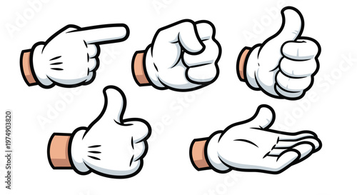 Set of cartoon hands with white gloves showing various gestures like pointing, clenched fist, thumbs up, and open palm on an isolated white background.