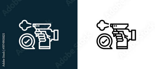 Two-color disinfect outline icon pair in black and white, editable stroke vector illustration for web, mobile apps, UI design, branding, and print from Coronavirus