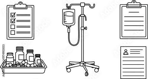 Patient Care Icons for Nurse Day Medical IV Stand and Clipboard Vector