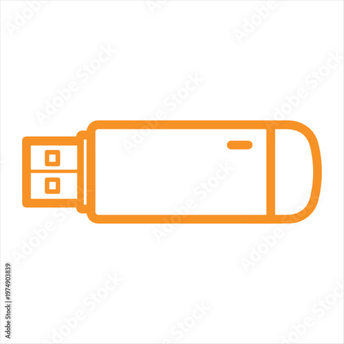 Flash drive icon presents an orange outline illustrating portable data storage hardware for computers and devices.