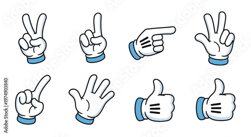 Collection of cartoon hands wearing white gloves, showing various gestures including peace sign, pointing, and thumbs up on an isolated white background.