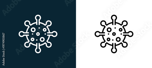 Two-color coronavirus outline icon pair in black and white, editable stroke vector illustration for web, mobile apps, UI design, branding, and print from Coronavirus