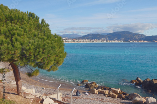 On shores of Mediterranean bay on January day. Nice, France