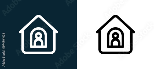 Two-color stay home outline icon pair in black and white, editable stroke vector illustration for web, mobile apps, UI design, branding, and print from Coronavirus