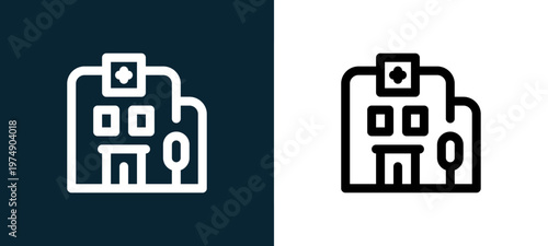 Two-color hospital outline icon pair in black and white, editable stroke vector illustration for web, mobile apps, UI design, branding, and print from Coronavirus