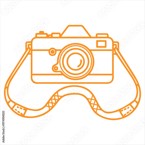 Camera icon with a neck strap depicts professional photography equipment in a clean and modern linear graphic style.