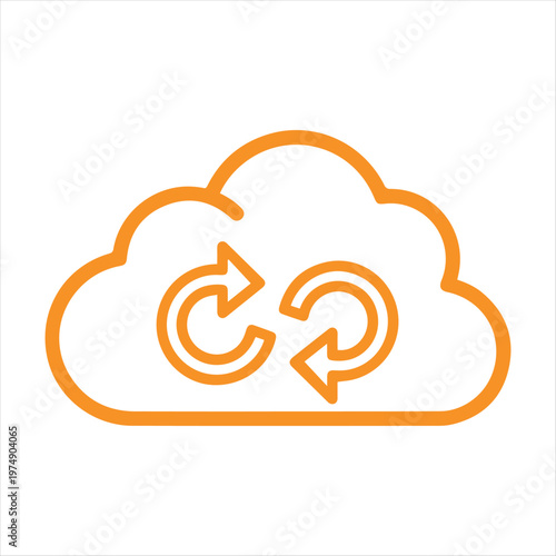 Cloud icon containing dual circular arrows represents data synchronization and digital storage backup processes in a simple orange outline graphic design.