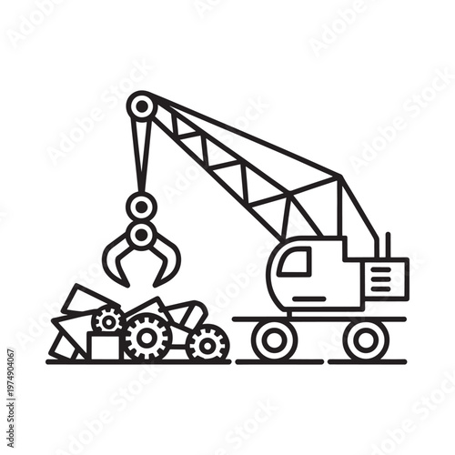 Line art illustration of a crane lifting scrap metal and gears