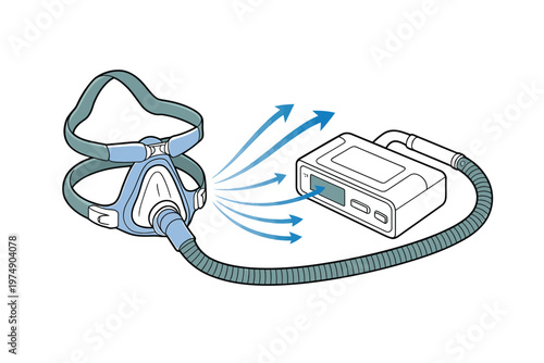 Illustration depicts a cpap machine connected to a nasal mask showing airflow for sleep apnea therapy