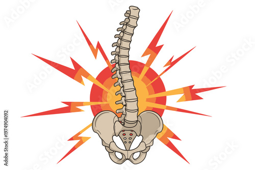 Illustration depicting a human spine with radiating pain signals and a highlighted lower back area