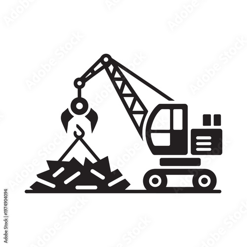Simple black and white illustration of a mechanical claw grabbing scrap metal