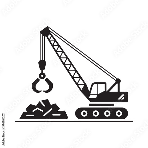 Simple black and white illustration of a crane lifting rubble