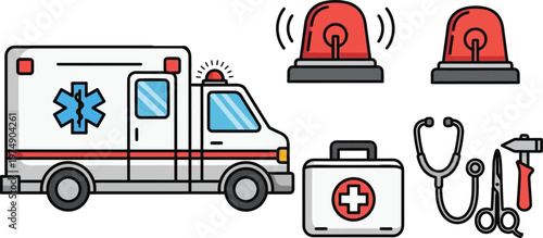 Ambulance and First Aid Icons for Nurse Day Emergency Medical Equipment