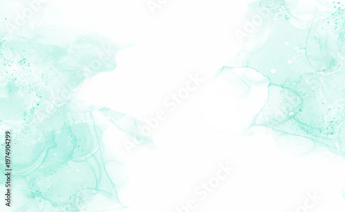 Soft green mint watercolor wash, ethereal marbled textures and delicate pigment blooms flowing into white negative space, calming spa aesthetic, subtle gradients and translucent layers create serene