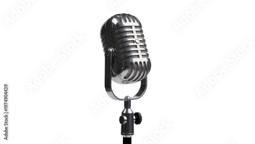 Isolated vintage chrome silver condenser microphone retro old fashioned broadcasting equipment