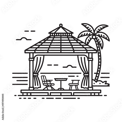Line art illustration of a tropical beach gazebo with furniture