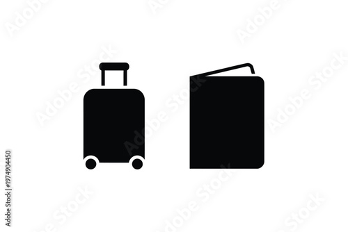 A minimalist depiction showcases two black silhouettes of luggage one upright and one open high quality