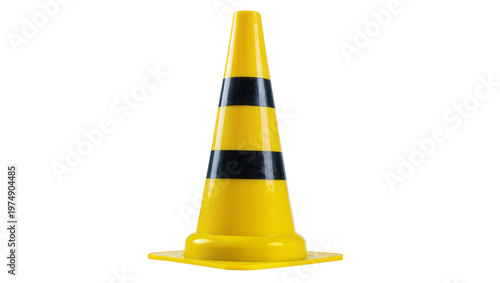Isolated yellow and black striped traffic cone used for road construction and safety warnings