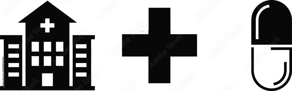 Obraz premium Hospital Building and Pharmacy Icons for Nurse Day Medical Symbols