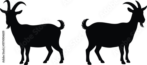 Goat silhouette set, horned farm animal standing side view isolated vector livestock illustration design