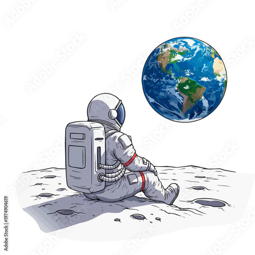 Astronaut sitting on the Moon looking at Earth