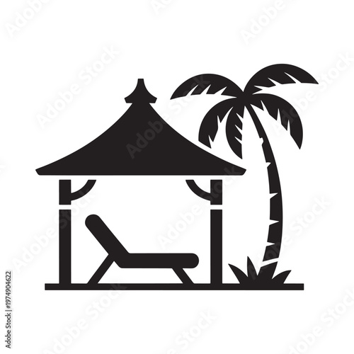 Simple black silhouette of a beach cabana with a lounge chair