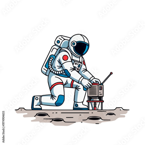 An astronaut placing a robotic device on the surface of the moon