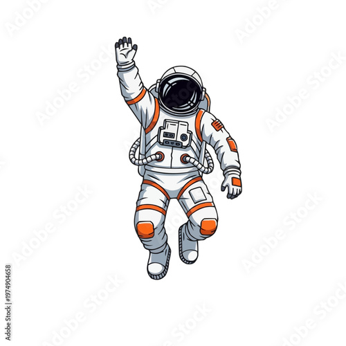An astronaut in a white and orange space suit floating in mid-air with one arm raised