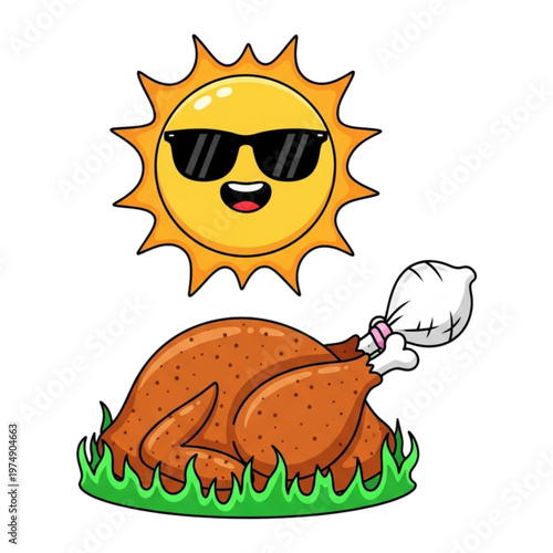 Turkey's Summer Celebration: A whimsical illustration features a perfectly roasted turkey basking under the cool gaze of a sunglasses-wearing sun, a cheerful nod to summer festivities.