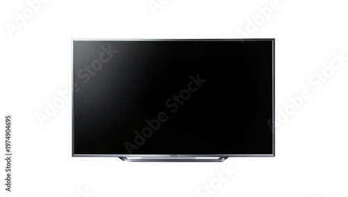 Isolated modern flat screen television with a sleek metallic frame and stand, digital display technology