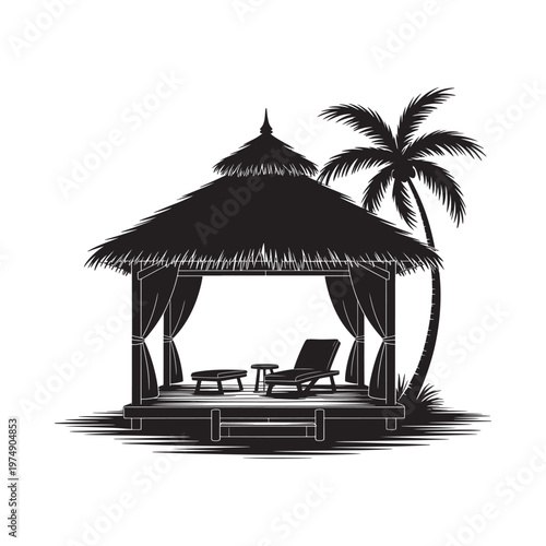 Black and white illustration of a tropical thatched roof gazebo and lounge