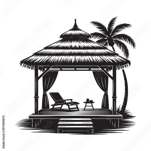 Black and white illustration of a thatched roof gazebo with lounge chair