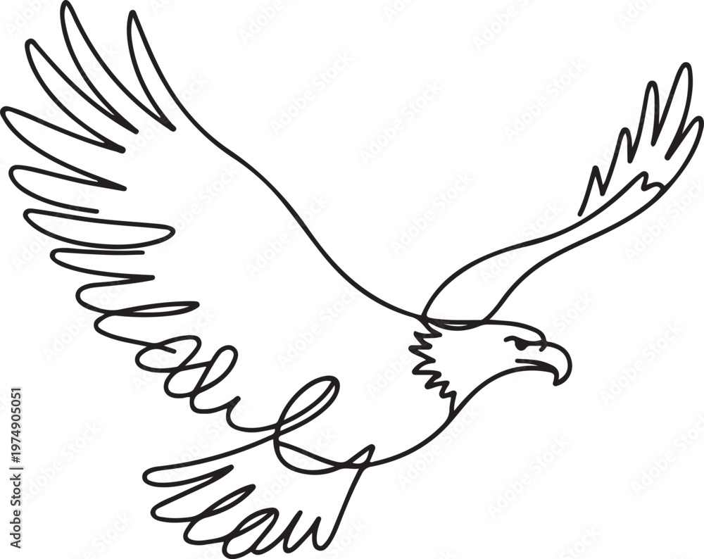Obraz premium Flying eagle simple line art illustration. Continuous one line draw of flying bald eagle design. One line draw graphic design vector