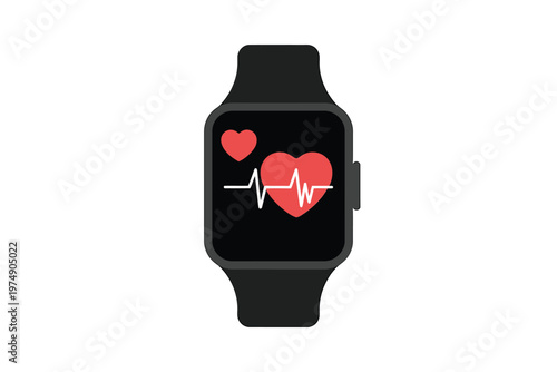 A sleek black smartwatch displays a red heart with an electrocardiogram waveform on its screen