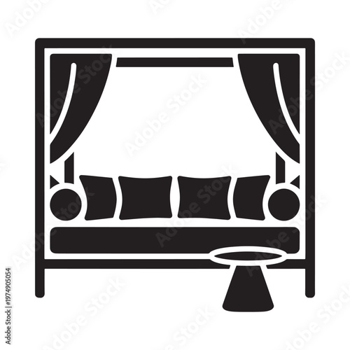 Simple black and white illustration of a four poster bed and table