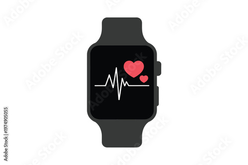 A black smartwatch displays a white electrocardiogram and two red heart symbols on its screen