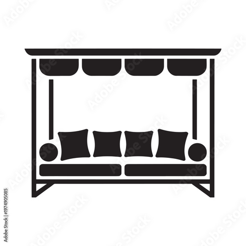 Black and white illustration of a porch swing with cushions