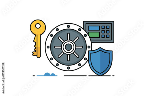 A colorful illustration depicts a safe a key a keypad and a shield representing security