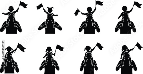 Diverse celebration icon set vector silhouettes of people on shoulders waving flags representing unity and triumph