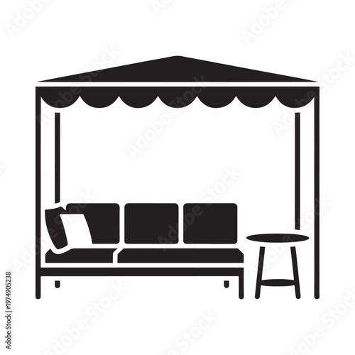 Black and white illustration of an outdoor daybed with a canopy