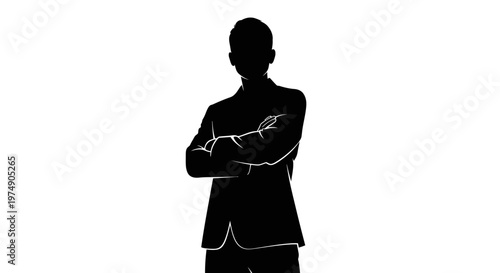 Silhouette of a man in a suit with arms crossed, isolated on white