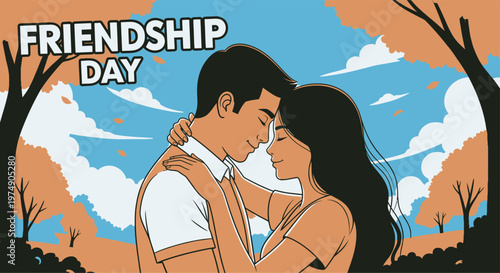 Friendship Day Couple in love embracing in nature landscape background for friendship day vector illustration with warm color palette