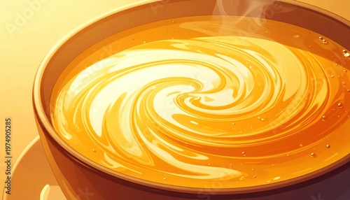 Steaming Hot Coffee with Cream Swirl in a Ceramic Mug.