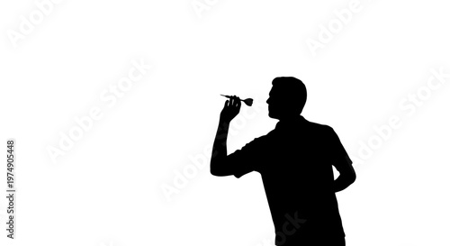 Silhouette of a man throwing a dart, isolated on white background