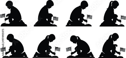 Gardening icon set silhouette series depicting people planting and tending to flowers vector graphics